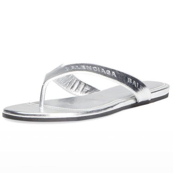 Balenciaga Shoes - Balenciaga Metallic Thong Flat Sandals Silver Size 39